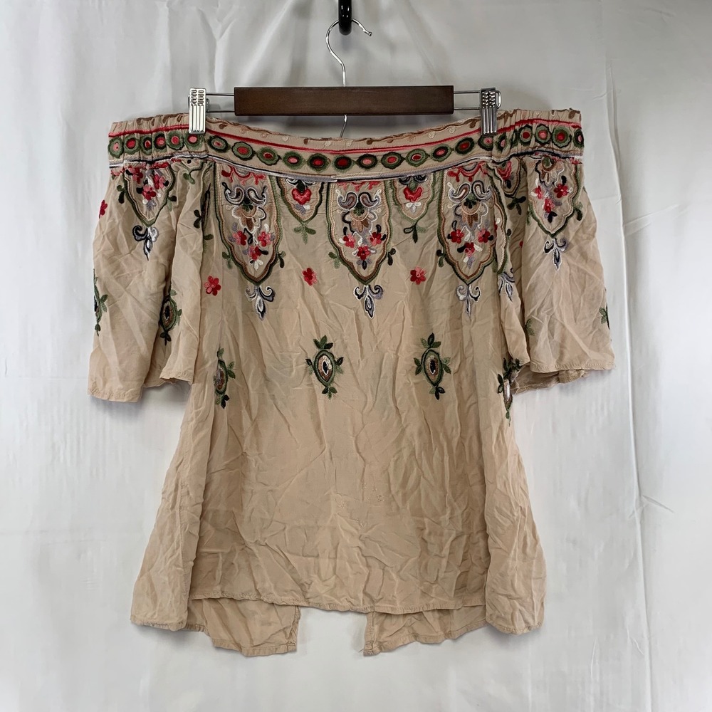 Democracy‎ Embroidered Blouse Womens Medium Tan Off The Shoulder Boho B97684CSM